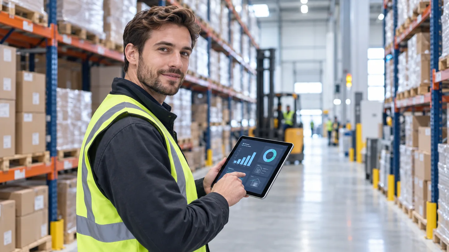 Operatore di magazzino consulta dati di inventario su tablet